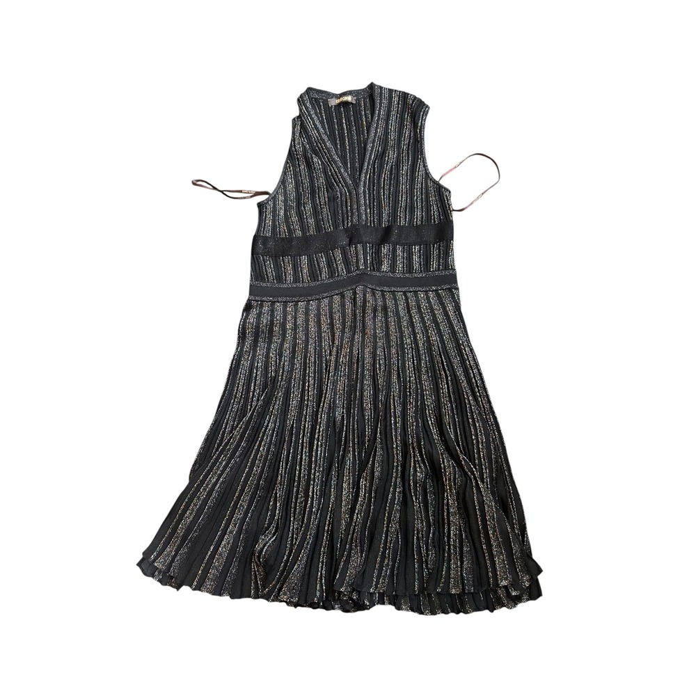 Roberto Cavalli Black Metallic Striped Pleated V-Neck Knit Mini Dress Size 44